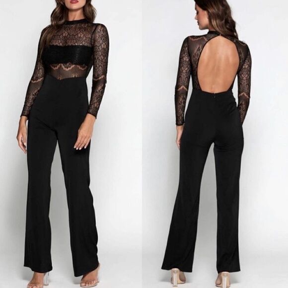 Meshki black lace romantic goth long sleeve Teagan jumpsuit romper open back S - Picture 1 of 10